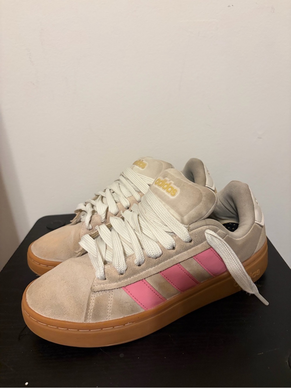 adidas Women’s Beige Suede Sneakers with Pink Stripes and Gum Sole